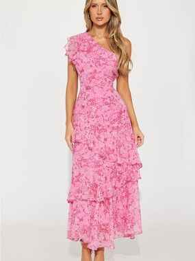 Pink One-Shoulder Ruffle Floral Maxi Dress